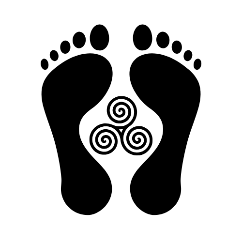 Black footprints and black triskele in the middle on a white background